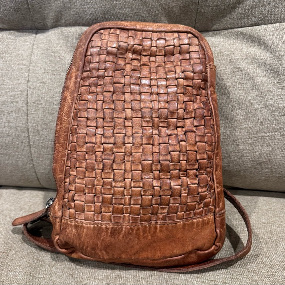 Woven Leather Crossbody Backpack - Brown